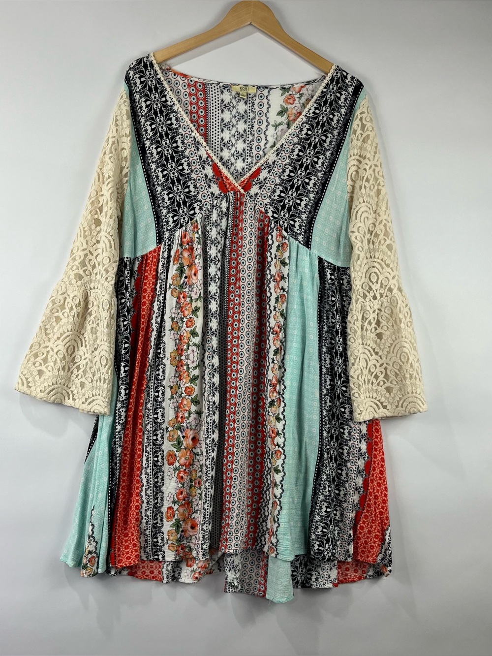Kori America Boho Patchwork Lace Bell Sleeve Dress L